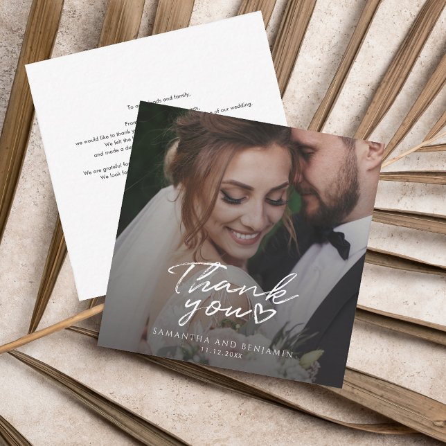 Modern skriptfoto Bröllop Tack Anteckningskort (Wedding Thank You Photo Script Card)