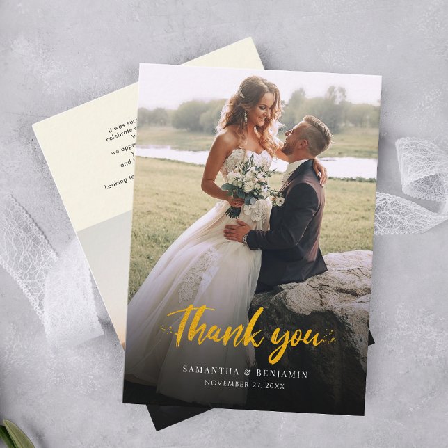Modern skriptfoto Bröllop Tack Visitkort (Modern Elegant Wedding Photo Thank You Card)