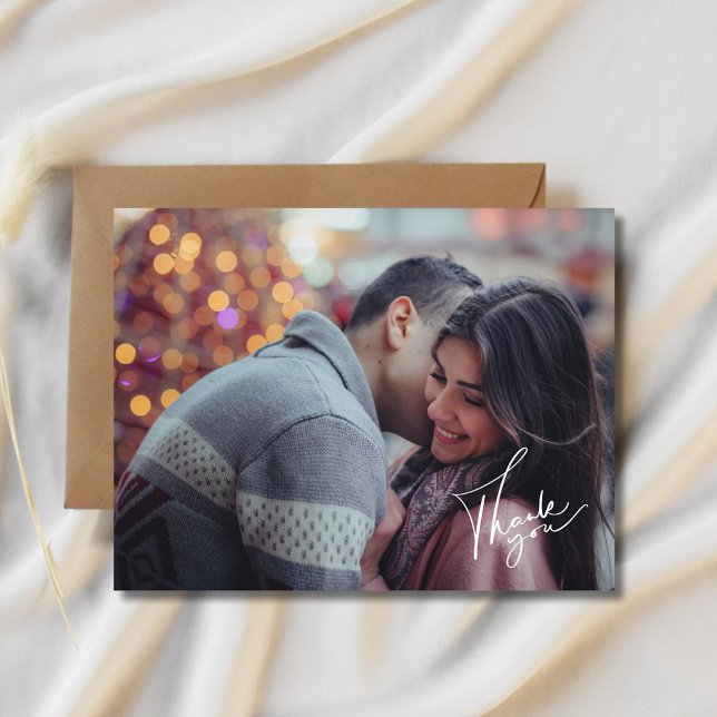 Modern skriptfoto Bröllop Tack Vykort (Modern Script Photo Wedding Thank You Postcard)