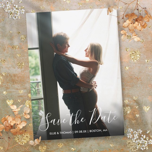 Modern skriptfoto med enkel Elegant Spara Datumet (Simple Elegant Modern Script Photo Save The Date)