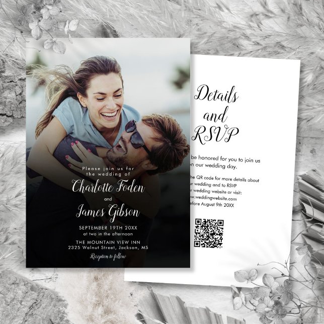 Modern skriptfoto QR-kod Bröllop Inbjudningar (Modern Script Photo QR Code Wedding Invitation)