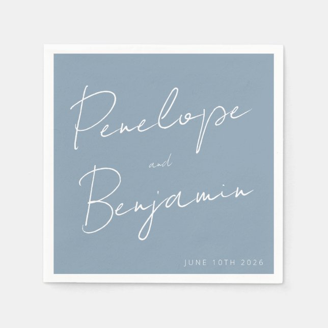 Modern skripthandskrift Dusty Blue Bröllop Pappersservett (Framsidan)