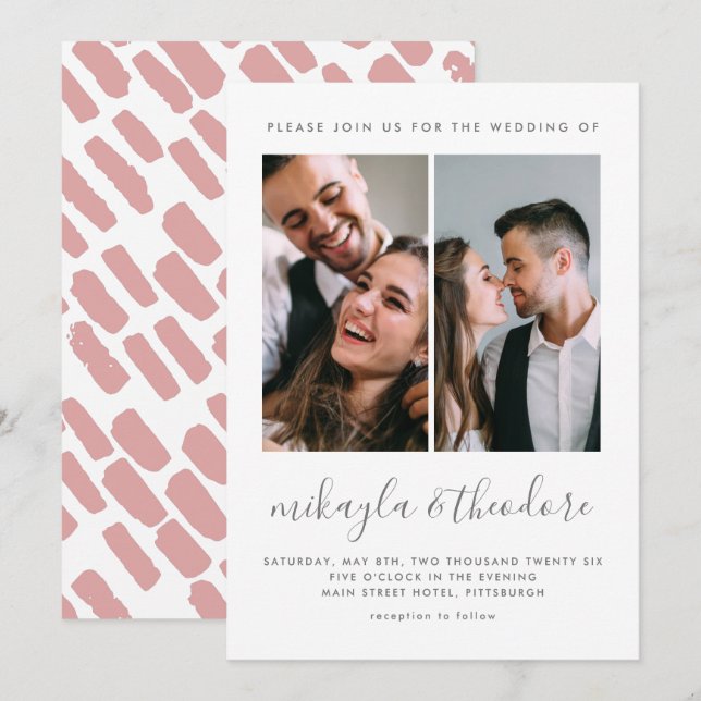 Modern skriptinbjudan med två fotobröllop inbjudningar (Fram/baksida)