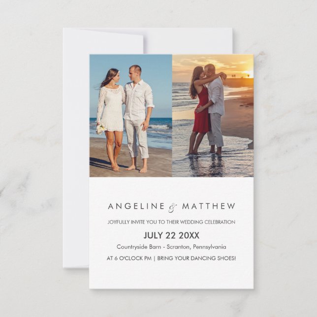 Modern skriptinbjudan med två fotobröllop inbjudningar (Framsida)