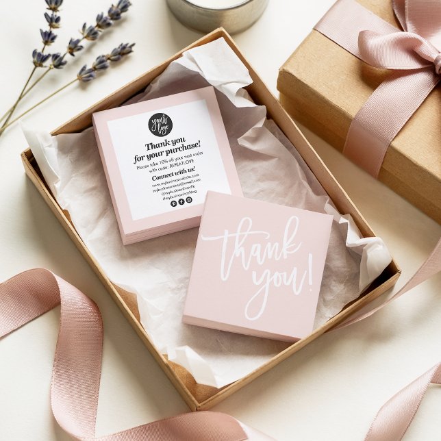 Modern skriptkalligrafi tack för  rosa fyrkantigt visitkort (Modern script calligraphy thank you blush pink)