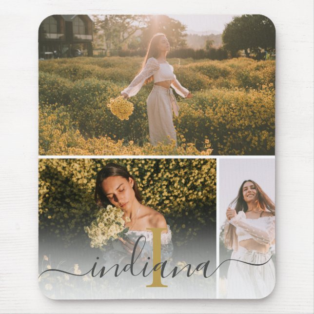 Modern skriptmonogram 3-foto-Anpassningsbar Musmatta (Framsidan)