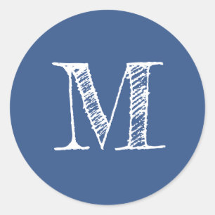 Modern skriptmonogram - första klassiskt blå runt klistermärke