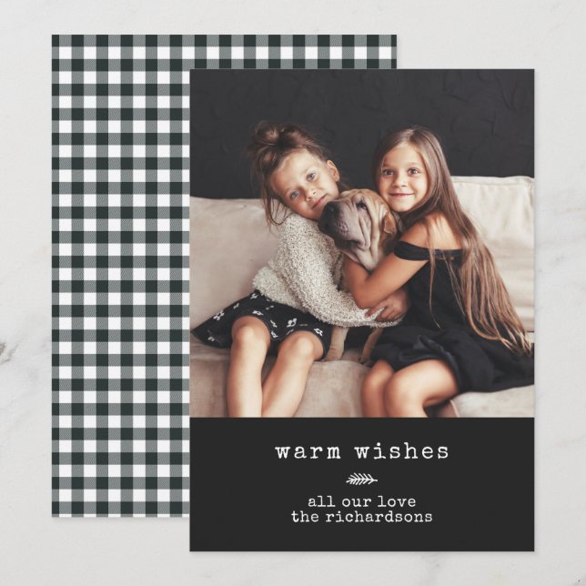 Modern skrivmaskin | Helgdag Photo on Black Gingha Julkort (Fram/baksida)