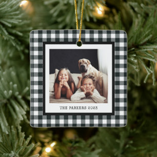 Modern skrivmaskin Två foton på Black Gingham Julgransprydnad Keramik