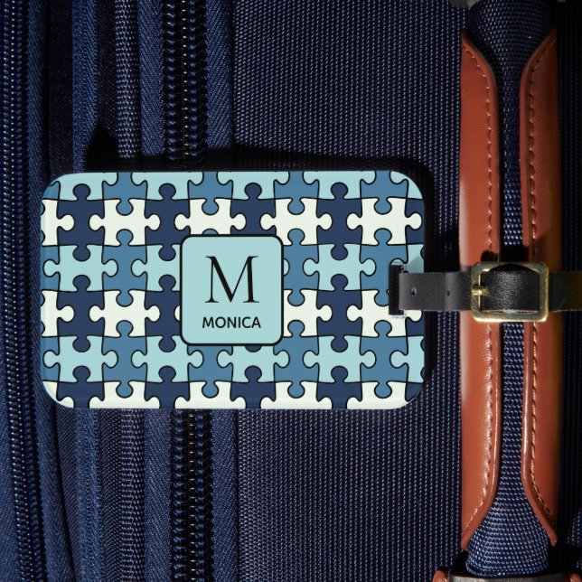 Modern skugga av Blue Puzzle Delar Monogram Bagagebricka (Framsida Insitu 4)