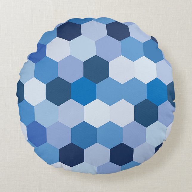 Modern skuggor av blåvites hexagonala geometriska  rund kudde (Framsidan)