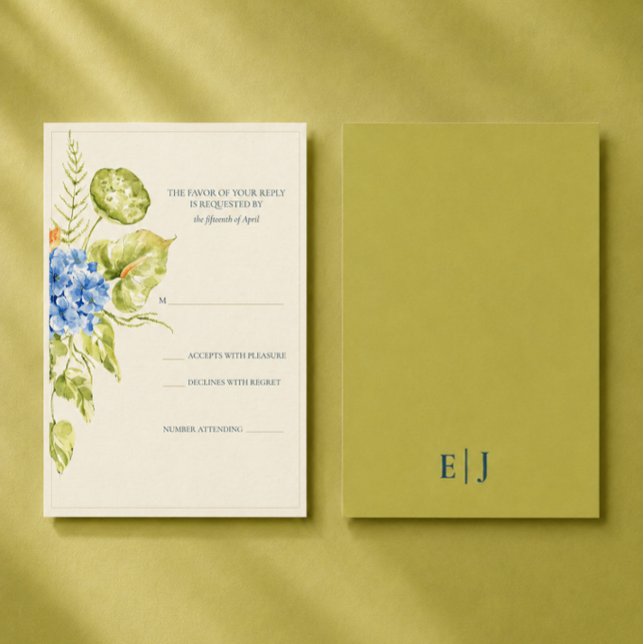Modern Skulptural Anthurium Hydrangea Bröllop OSA Kort (Editorial botanical RSVP card featuring architectural anthuriums, hydrangeas, and orchid.)