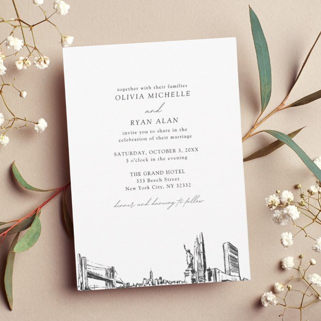Modern Skyline Black & White New York Bröllop Inbjudningar (Modern Skyline Black & White New York City Wedding Invitation)