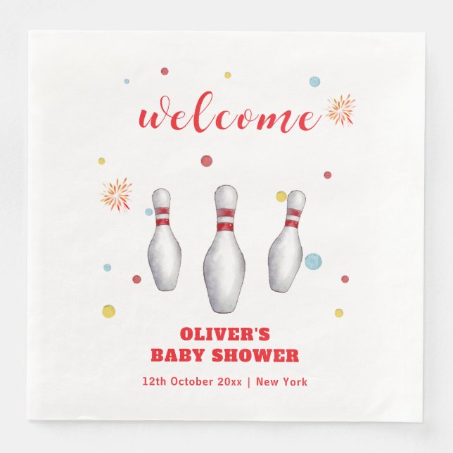 Modern Slå An Bowling Baby Shower Välkommen Pappersservett (Framsida)