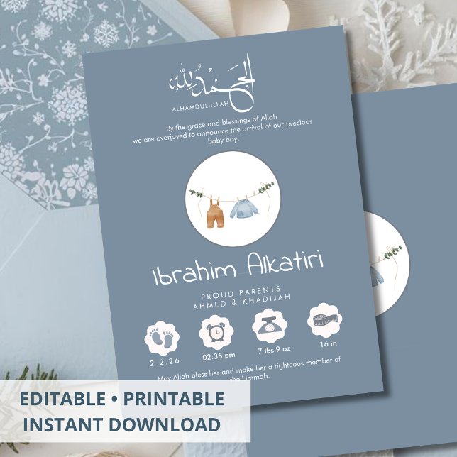 Modern Slate Blue Islamic Baby Boy Birth Meddelande (Skapare uppladdad)
