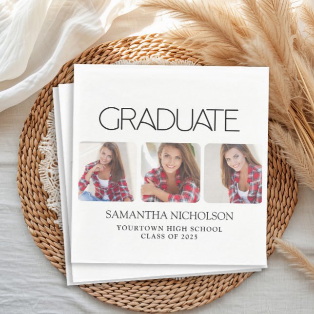 Modern Sleek 3-Photo Studenten Pappersservett (Modern white 3 photo graduation party paper napkins)