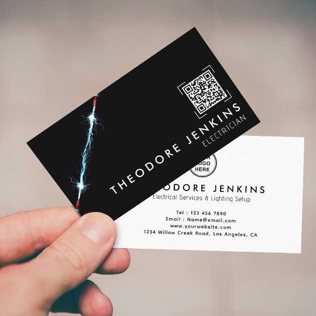 Modern Sleek Black Electrician QR Code Logo Visitkort (Skapare uppladdad)
