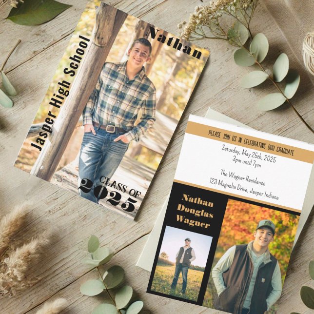 Modern Sleek Black Guld Studenten Photo Namn Inbjudningar (Skapare uppladdad)