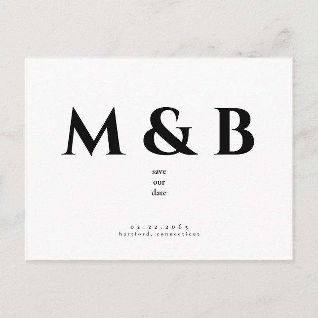 Modern Sleek Black Monogram Bröllop spara datum Vykort (Framsida)