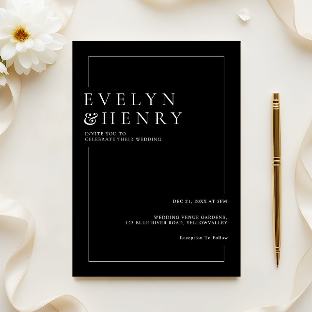 Modern Sleek Black White Border Wedding Inbjudningar (Skapare uppladdad)