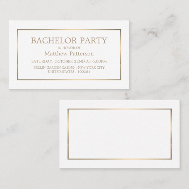 Modern & Sleek, Vita/Guld Bachelor Party Biljett (Fram/baksida)