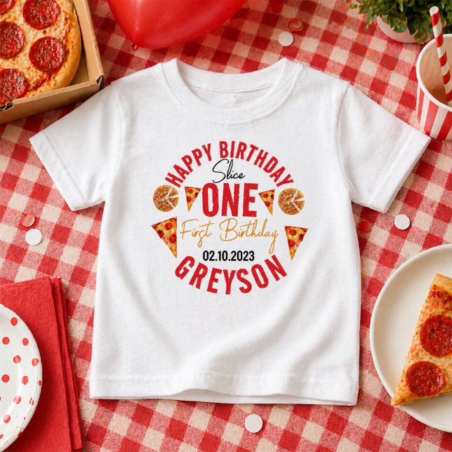 Modern Slice Slice Baby Pizza 1-årsdag T Shirt (Modern Slice Slice Baby Pizza 1st Birthday T-Shirt)