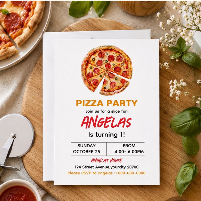 Modern Slice Slice Baby Pizza 1-årsfest Inbjudningar (Modern Slice Slice Baby Pizza 1st Birthday Invitation)