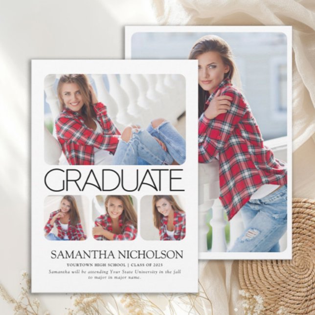 Modern Slick 5-Foto Examen (Modern white 5-photo graduation announcement)