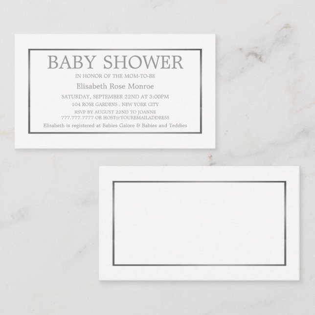 Modern & Slick, Vit & Silver Baby Shower Biljett (Fram/baksida)