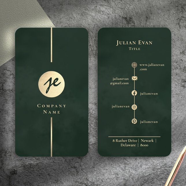 Modern Smaragd Mörkgrön Luxe Monogram Visitkort (Modern Emerald Dark Green Luxe Monogram Business Card)