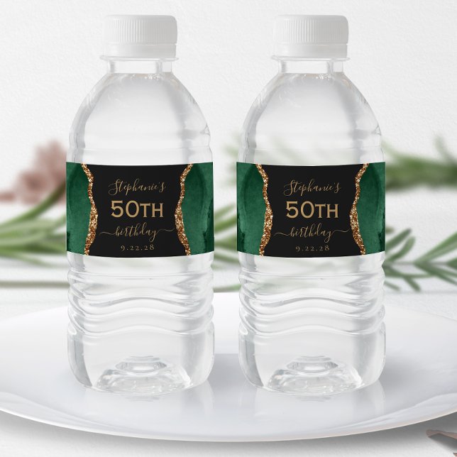 Modern Smaragdgrön Guld Agat Mörk 50-års Födelseda Vattenflaskor Etikett (Skapare uppladdad)