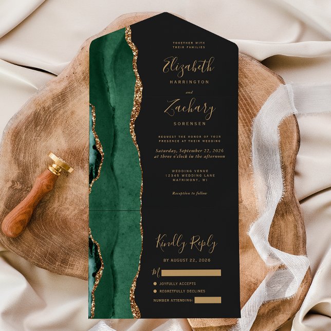 Modern Smaragdgrön Guld Agat Mörk Bröllop (An elegant choice for an emerald green and gold themed wedding.)