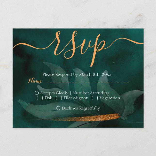 modern smaragdgrön och blad RSVP Vykort (Framsida)