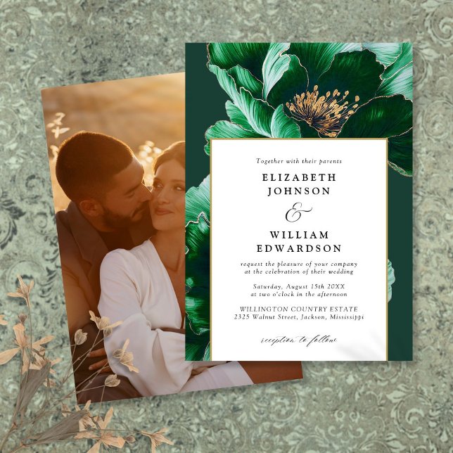 Modern smaragdgrön och guld blomfotobrollop inbjudningar (Modern Emerald Green And Gold Floral Photo Wedding Invitation)