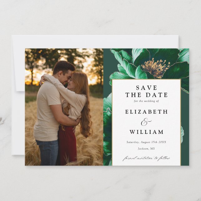 Modern smaragdgrön och guldblommig foto bröllop spara datumet (Framsida)