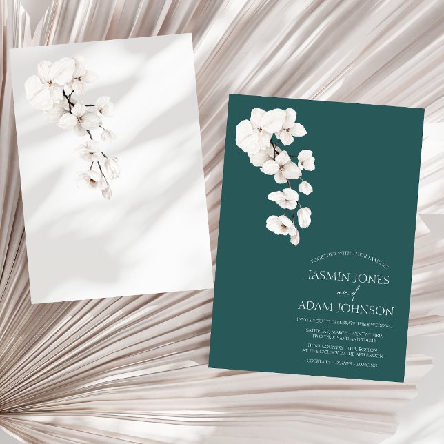 Modern Smaragdgrön Vit Orkidé Blommig Bröllop Inbjudningar (Modern Emerald Green White Orchids Flowers Wedding Invitation)