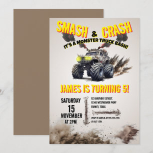 Modern SMASH & CRASH Monster Lastbil Födelsedagsfe Inbjudningar