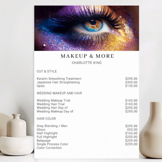 Modern, Smink Foto Salong Prislista Poster (Modern, Makeup Photo Glitter Salon Price List Poster)