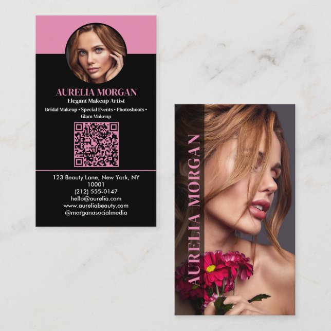 Modern Sminkartist Qr Code Foto Svart Rosa Visitkort (Fram/baksida)