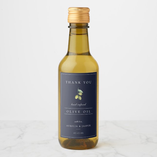Modern, smittad olivolja, Tack, blått Vinetikett (Framsida)