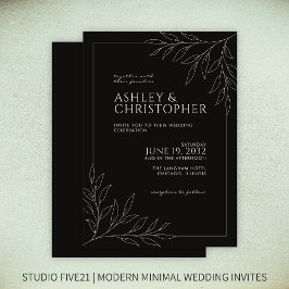 Modern Smokey Black Foliage Outline Bröllop Inbjudningar