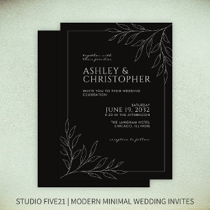 Modern Smokey Black Foliage Outline Bröllop Inbjudningar