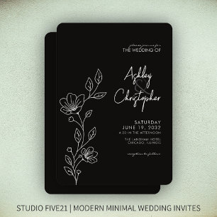 Modern Smokey Black Foliage Outline Bröllop Inbjudningar