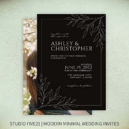Modern Smokey Black Foliage Outline Photo Bröllop Inbjudningar