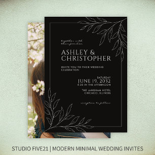 Modern Smokey Black Foliage Outline Photo Bröllop Inbjudningar