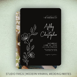 Modern Smokey Black Foliage Outline Photo Bröllop Inbjudningar
