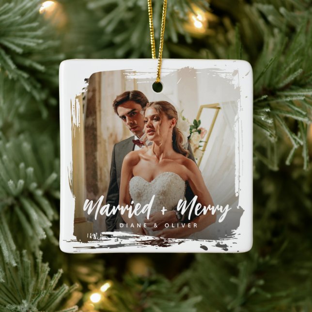 Modern Smudge Newlyweds Photo Married + Merry Julgransprydnad Keramik (Träd)