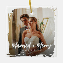 Modern Smudge Newlyweds Photo Married + Merry Julgransprydnad Keramik