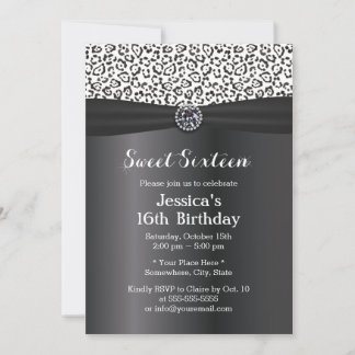 Modern Snö Leopard Black Ribbon Sweet 16 Inbjudningar