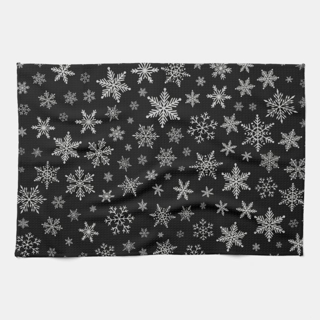 Modern snöflake 2-Black & Silver-Grått Kökshandduk (Horisontell)